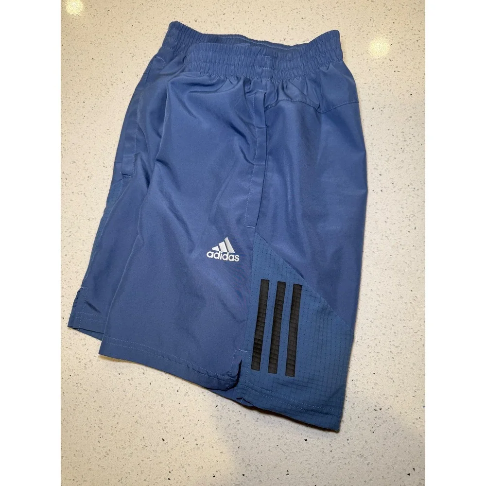 Adidas Mens Running Training Shorts Blue 3-Stripe Elastic Waist Pockets Gym